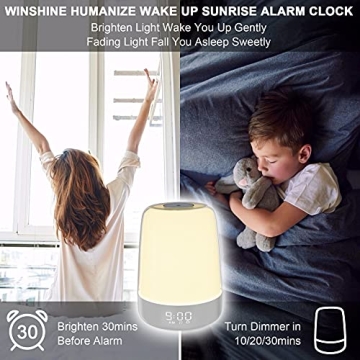 winshine Touch Wake Up Night Light with Sunrise Simulation Alarm Clock, 3 Ways Dimmable Warm White Bedside Lamp for Kid Bedrooms RGB Ambient Table Nightstand Light,Sleep Aid Snooze Timer Mode