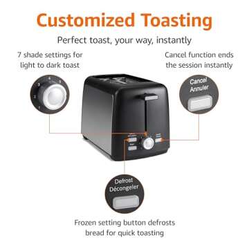 Amazon Basics 2 Slice Toaster with 7 Browning Settings, Extra Wide Slots, and Easy Clean Crumb Tray