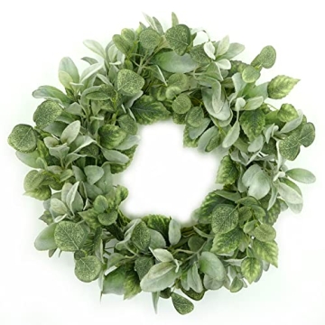 AMF0RESJ Artificial Green Eucalyptus Wreath Flocked Lamb Ear Wreath for All Season Front Door Indoor...