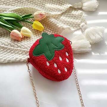 3D Cartoon Strawberry Plush Purse Red, Coin Wallets Cute Headset Bag and Hair Accessories Bag Fun Toy Key Gifts Goodie Bag with Lanyard