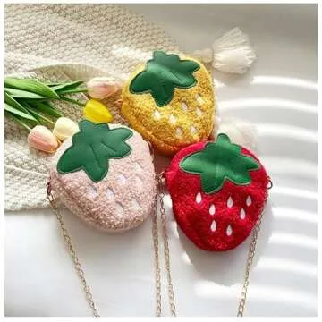 3D Cartoon Strawberry Plush Purse Red, Coin Wallets Cute Headset Bag and Hair Accessories Bag Fun Toy Key Gifts Goodie Bag with Lanyard