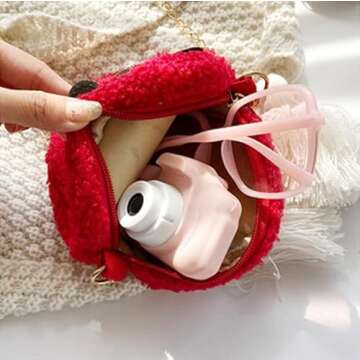 3D Cartoon Strawberry Plush Purse Red, Coin Wallets Cute Headset Bag and Hair Accessories Bag Fun Toy Key Gifts Goodie Bag with Lanyard