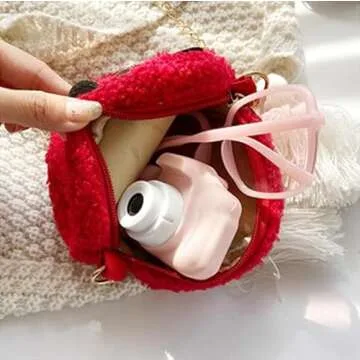 3D Cartoon Strawberry Plush Purse Red, Coin Wallets Cute Headset Bag and Hair Accessories Bag Fun Toy Key Gifts Goodie Bag with Lanyard