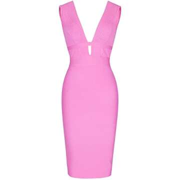 UONBOX Women's Sleeveless Deep V Neck Night Club Bodycon Bandage Dress Pinks