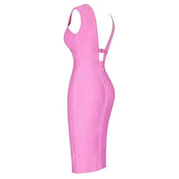 UONBOX Women's Sleeveless Deep V Neck Night Club Bodycon Bandage Dress Pinks