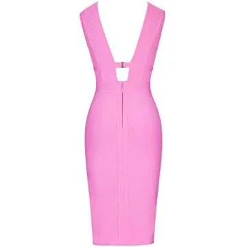 UONBOX Women's Sleeveless Deep V Neck Night Club Bodycon Bandage Dress Pinks