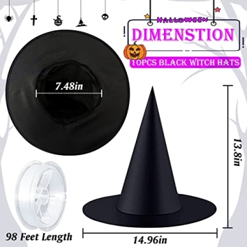Halatool 10 Pieces Halloween Witch Hats, Floating Black Hanging Witch Hats Outdoor, Halloween Party Favors Witch Hat with 98 Feet Hanging Rope for Halloween Costume Accessories Party Decoration