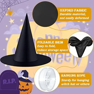 Halatool 10 Pieces Halloween Witch Hats, Floating Black Hanging Witch Hats Outdoor, Halloween Party Favors Witch Hat with 98 Feet Hanging Rope for Halloween Costume Accessories Party Decoration