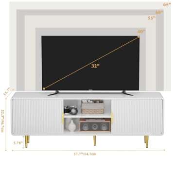 TV Stand for 65 Inch TV, Fluted TV Stand with Curved Profile Design, White Modern Entertainment Cent...