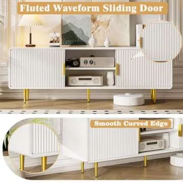 TV Stand for 65 Inch TV, Fluted TV Stand with Curved Profile Design, White Modern Entertainment Center TV Console Table with Sliding Doors & Adjustable Shelves, TV Stand for Living Room Bedroom, White