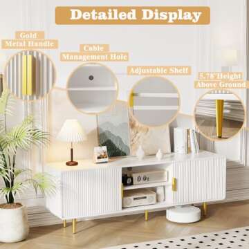 TV Stand for 65 Inch TV, Fluted TV Stand with Curved Profile Design, White Modern Entertainment Center TV Console Table with Sliding Doors & Adjustable Shelves, TV Stand for Living Room Bedroom, White