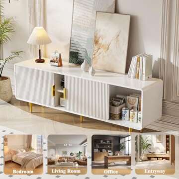 TV Stand for 65 Inch TV, Fluted TV Stand with Curved Profile Design, White Modern Entertainment Center TV Console Table with Sliding Doors & Adjustable Shelves, TV Stand for Living Room Bedroom, White