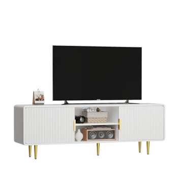 TV Stand for 65 Inch TV, Fluted TV Stand with Curved Profile Design, White Modern Entertainment Center TV Console Table with Sliding Doors & Adjustable Shelves, TV Stand for Living Room Bedroom, White