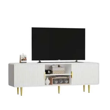 TV Stand for 65 Inch TV, Fluted TV Stand with Curved Profile Design, White Modern Entertainment Center TV Console Table with Sliding Doors & Adjustable Shelves, TV Stand for Living Room Bedroom, White