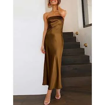 Caracilia Women's Summer Strapless Satin Tube Bodycon Backless Wedding Guest Maxi Dress 2025 Spring Formal Long Dresses Brown Medium