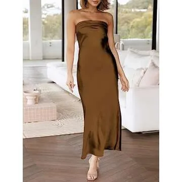 Caracilia Women's Summer Strapless Satin Tube Bodycon Backless Wedding Guest Maxi Dress 2025 Spring Formal Long Dresses Brown Medium