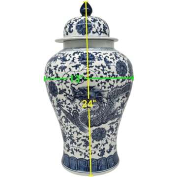 24" Classic Blue and White Dragon Porcelain Ceramic Temple Ginger Jar Vase, Large China Qing Style (...