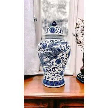 24" Blue and White Dragon Porcelain Ginger Jar Vase