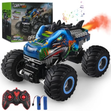 Rhybor Remote Control Dinosaur Car - All Terrain Monster Truck with Tail Spray, Music & LED Lights
