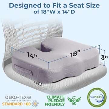 Seat Cushion for Office Chairs - Fits 18"x14" Seats, Tailbone, Coccyx Pain Relief - Butt, Pressure & Sciatica Relief - Gaming, Wheelchair, Car & Desk Pillow, Light Gray