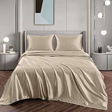 Vonty Satin Sheets Queen Size Silky Soft Satin Bed Sheets Taupe Satin Sheet Set, 1 Deep Pocket Fitted Sheet + 1 Flat Sheet + 2 Pillowcases
