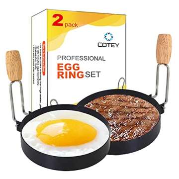 COTEY 3.5" Egg Rings Set of 2 with Wooden Handle, Large Ring for Frying Eggs, Round Mold for English Muffins - Griddle Cooking Shaper for Breakfast