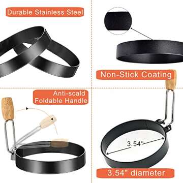 COTEY 3.5" Egg Rings Set of 2 with Wooden Handle, Large Ring for Frying Eggs, Round Mold for English Muffins - Griddle Cooking Shaper for Breakfast