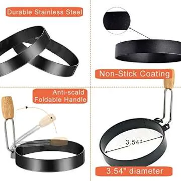 COTEY 3.5" Egg Rings Set of 2 with Wooden Handle, Large Ring for Frying Eggs, Round Mold for English Muffins - Griddle Cooking Shaper for Breakfast