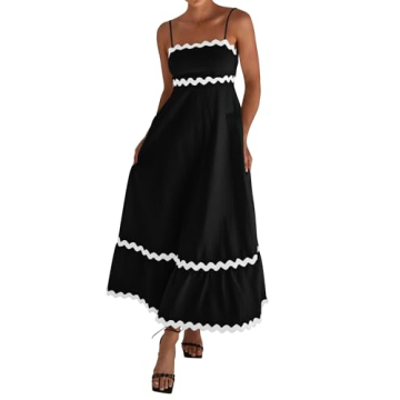 dowerme Women's Spring Dresses Sexy Spaghetti Straps Sleeveless Smocked Bohemian Loose Fit Long Party Beach Dress 2024(Black,Small)