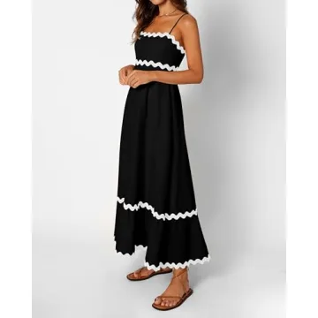 dowerme Women's Spring Dresses Sexy Spaghetti Straps Sleeveless Smocked Bohemian Loose Fit Long Party Beach Dress 2024(Black,Small)