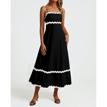 dowerme Women's Spring Dresses Sexy Spaghetti Straps Sleeveless Smocked Bohemian Loose Fit Long Party Beach Dress 2024(Black,Small)