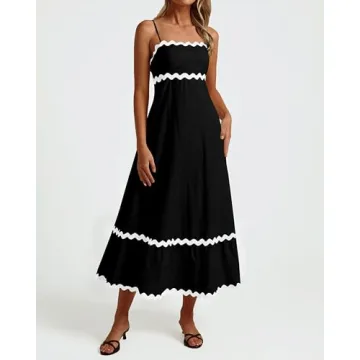 dowerme Women's Spring Dresses Sexy Spaghetti Straps Sleeveless Smocked Bohemian Loose Fit Long Party Beach Dress 2024(Black,Small)