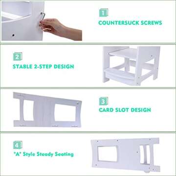 EGREE Toddlers Kitchen Step Stool with Safety Rail Kids Wooden Standing Tower for Kitchen Counter and Bathroom Sink, 3 Heights Adjustable Step Up Stool Mothers' Helper, Solid Wood Construction, White