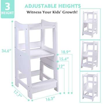 EGREE Toddlers Kitchen Step Stool with Safety Rail Kids Wooden Standing Tower for Kitchen Counter and Bathroom Sink, 3 Heights Adjustable Step Up Stool Mothers' Helper, Solid Wood Construction, White