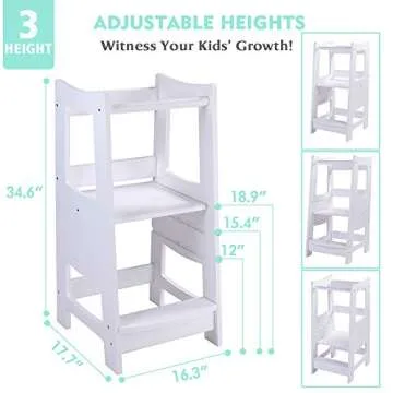EGREE Toddlers Kitchen Step Stool with Safety Rail Kids Wooden Standing Tower for Kitchen Counter and Bathroom Sink, 3 Heights Adjustable Step Up Stool Mothers' Helper, Solid Wood Construction, White