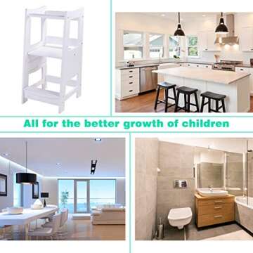 EGREE Toddlers Kitchen Step Stool with Safety Rail Kids Wooden Standing Tower for Kitchen Counter and Bathroom Sink, 3 Heights Adjustable Step Up Stool Mothers' Helper, Solid Wood Construction, White