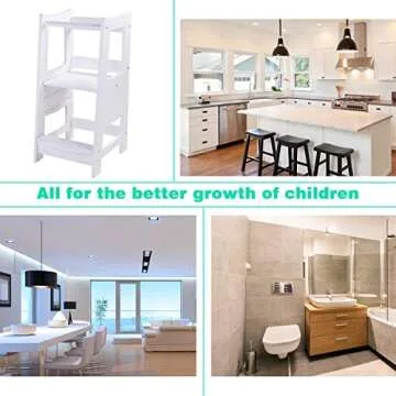 EGREE Toddlers Kitchen Step Stool with Safety Rail Kids Wooden Standing Tower for Kitchen Counter and Bathroom Sink, 3 Heights Adjustable Step Up Stool Mothers' Helper, Solid Wood Construction, White