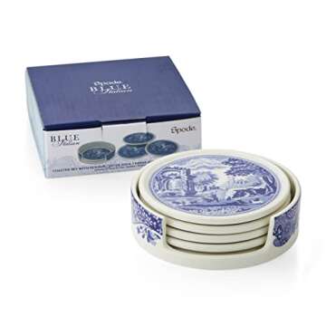 Spode Blue Italian Coasters for Drinks | Set of 4 | Ceramic Coasters and Holder | Tabletop Protectio...