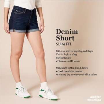Amazon Essentials Women's Mid-Rise Slim Fit 4" Denim Shorts, Vintage Wash, 12