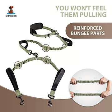 SparklyPets Hands Free Double Dog Leash - Tangle Free, Padded Handles & Reflective Safety