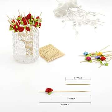 Minisland Red Rose Flower Cocktail Picks, 4.7 Inch Long Bamboo Fancy Toothpicks for Appetizers, Deco...