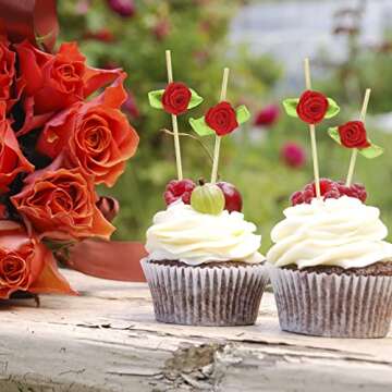 Minisland Red Rose Flower Cocktail Picks, 4.7 Inch Long Bamboo Fancy Toothpicks for Appetizers, Decorative Bridal Wedding Valentines Party Food Drinks Garnish Fruit Skewer Sticks 100 Counts - MSL220