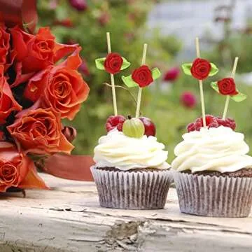 Minisland Red Rose Flower Cocktail Picks, 4.7 Inch Long Bamboo Fancy Toothpicks for Appetizers, Decorative Bridal Wedding Valentines Party Food Drinks Garnish Fruit Skewer Sticks 100 Counts - MSL220