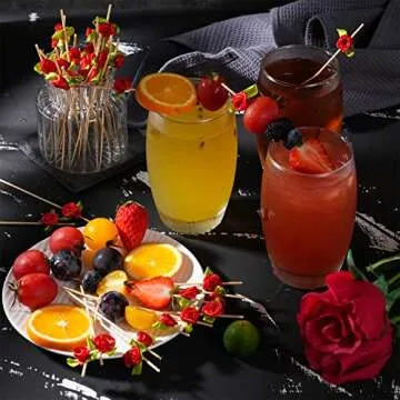 Minisland Red Rose Flower Cocktail Picks, 4.7 Inch Long Bamboo Fancy Toothpicks for Appetizers, Decorative Bridal Wedding Valentines Party Food Drinks Garnish Fruit Skewer Sticks 100 Counts - MSL220