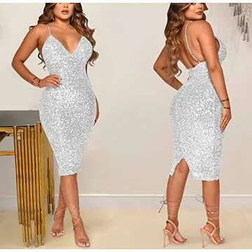 Hostoyo Women Sexy Sequin Dress Club Dresses Deep V Neck Adjustable Spaghetti Straps Bodycon Cocktail Clubwear Party Evening Prom
