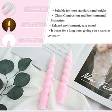 Spiral Taper Candles Stick Pink Twisted Candles H 7.5inch Wax Unscented Pink Dinner Candle Dripless for Home Decor, Relaxation & All Occasions(Pink)