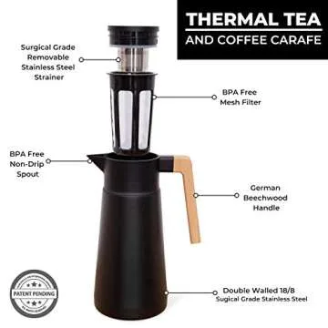 Hastings Collective Thermal Coffee Carafe 68 Oz - Large Stainless Steel Insulated Carafe - 2 Liter Double Walled Vacuum Thermos Coffee and Beverage Dispenser with Tea Infuser and Strainer (Black)