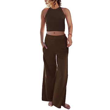 Ugerlov Women's Two Piece Summer Sets Ribbed Tank Crop Top Wide Leg Pants 2 Piece Outfits Matching Lounge Sets Tracksuit