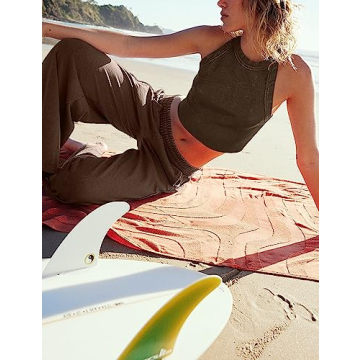 Ugerlov Women's Two Piece Summer Sets Ribbed Tank Crop Top Wide Leg Pants 2 Piece Outfits Matching Lounge Sets Tracksuit