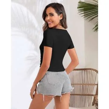 Huukeay 3 Pcs Women's Deep V Neck Short Sleeve Crop Tops Slim Fitted Cross Wrap Tops Summer Casual T Shirts (Black, White, Gray,X-Large)